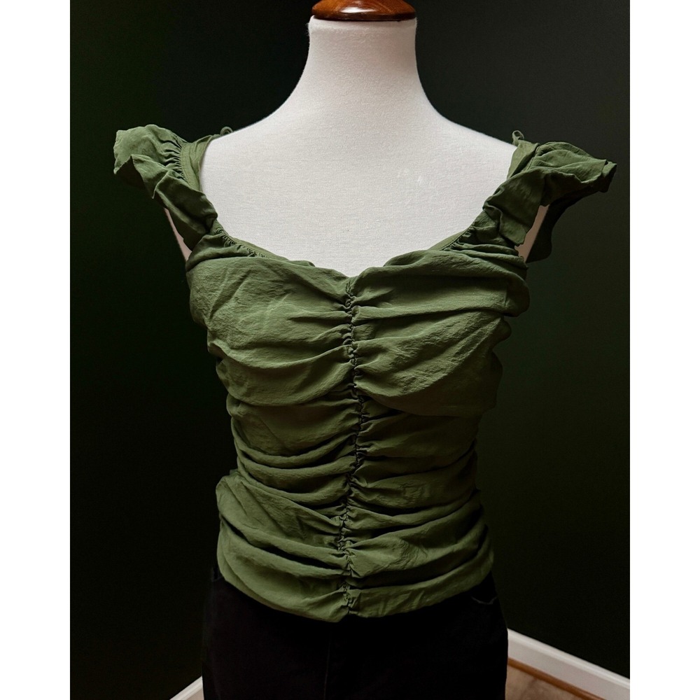 Gap Ruched Olive Green Top Ruffle Sleeve Sweetheart Smocked Back Top Size M